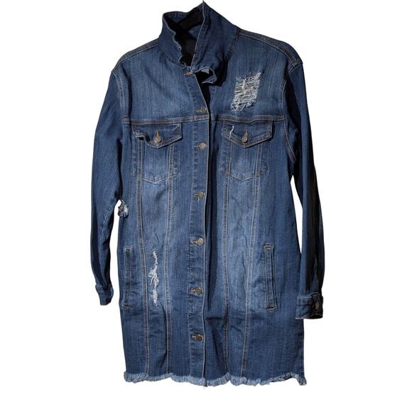 Judy Blue Distressed Long Sleeve Button Down Stretchy Denim Jacket Womens' Sz L - Picture 1 of 10